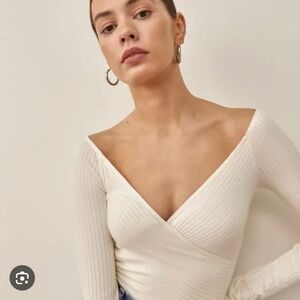 Reformation Cream Ribbed Wrap Top